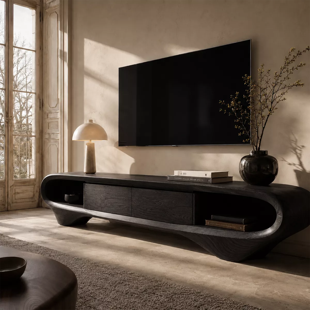 Sculptural Solid Wood TV Stand With Curved Loop Frame, Open Side Shelves And Hidden Drawer Storage For Living Room