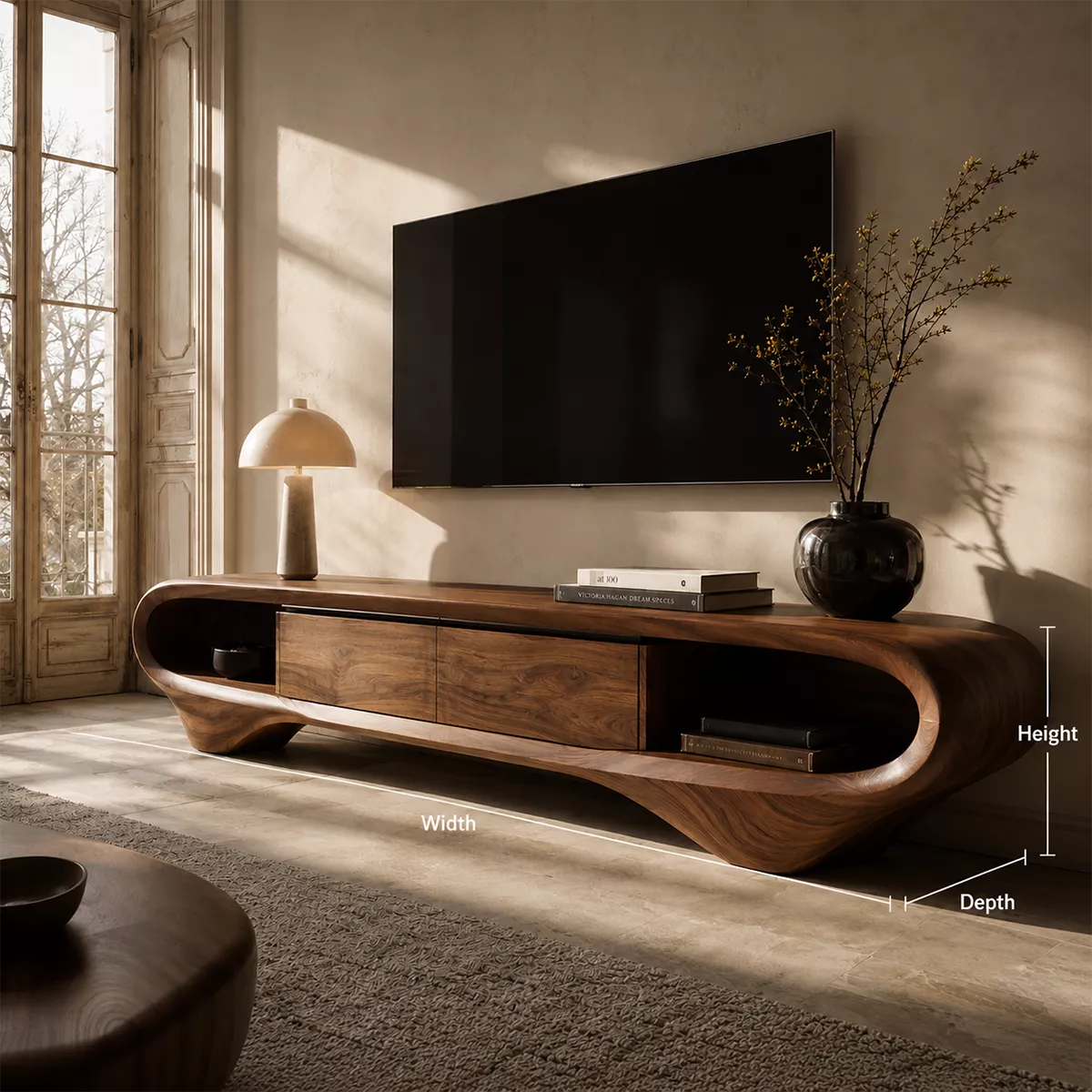 Sculptural Solid Wood TV Stand With Curved Loop Frame, Open Side Shelves And Hidden Drawer Storage For Living Room