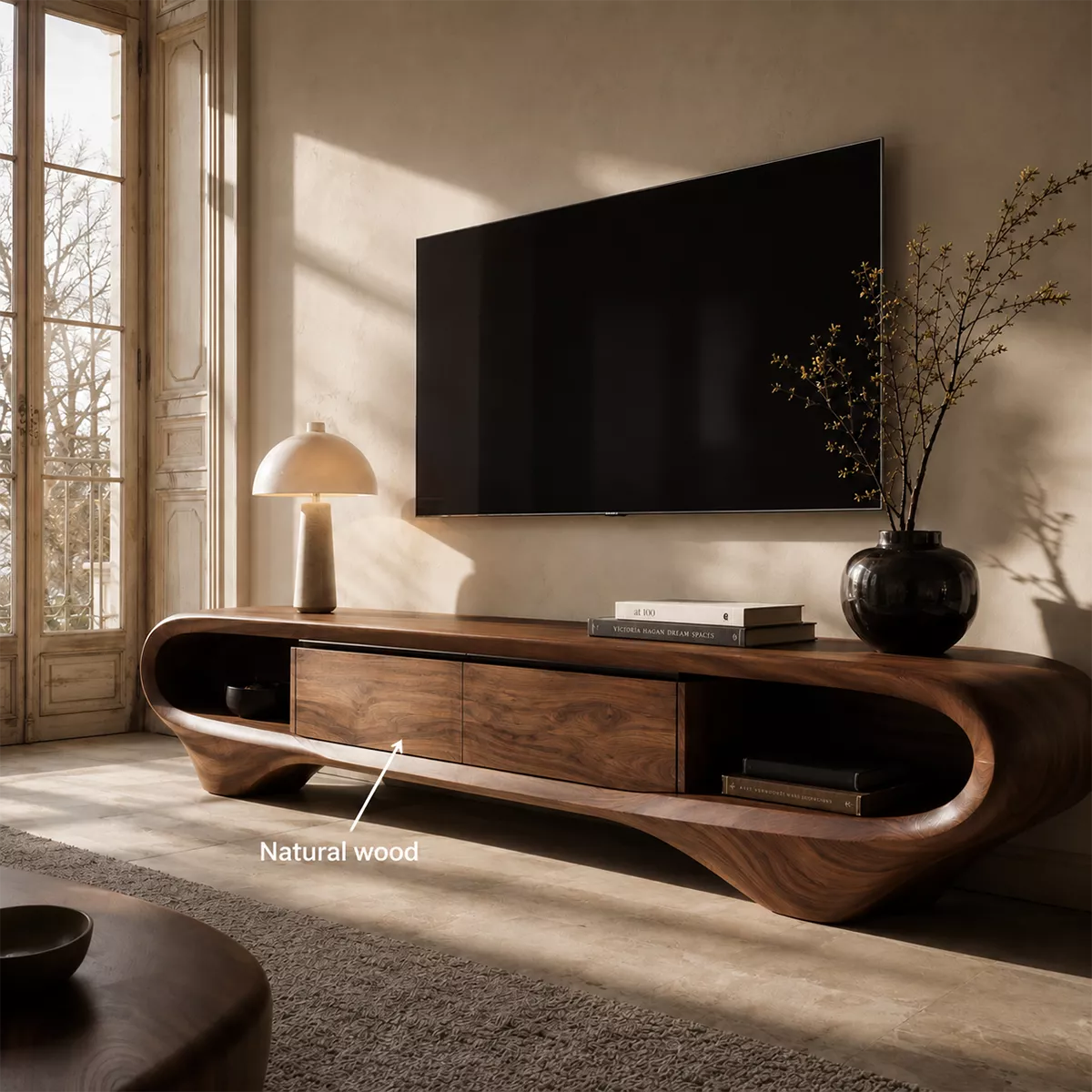 Sculptural Solid Wood TV Stand With Curved Loop Frame, Open Side Shelves And Hidden Drawer Storage For Living Room