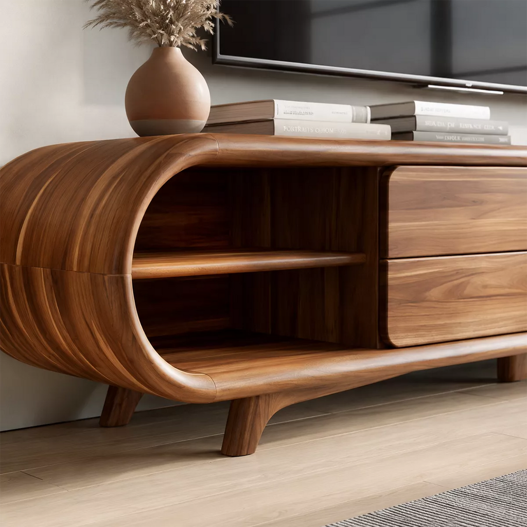 Sculptural Solid Wood TV Stand With Rounded Loop Frame, Open Side Shelves And Multi Drawer Storage For Living Room