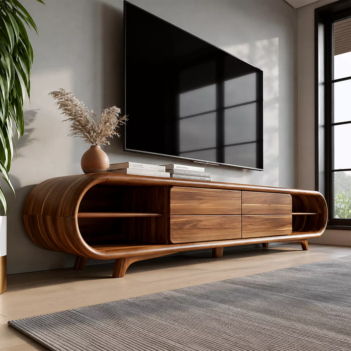 Sculptural Solid Wood TV Stand With Rounded Loop Frame, Open Side Shelves And Multi Drawer Storage For Living Room