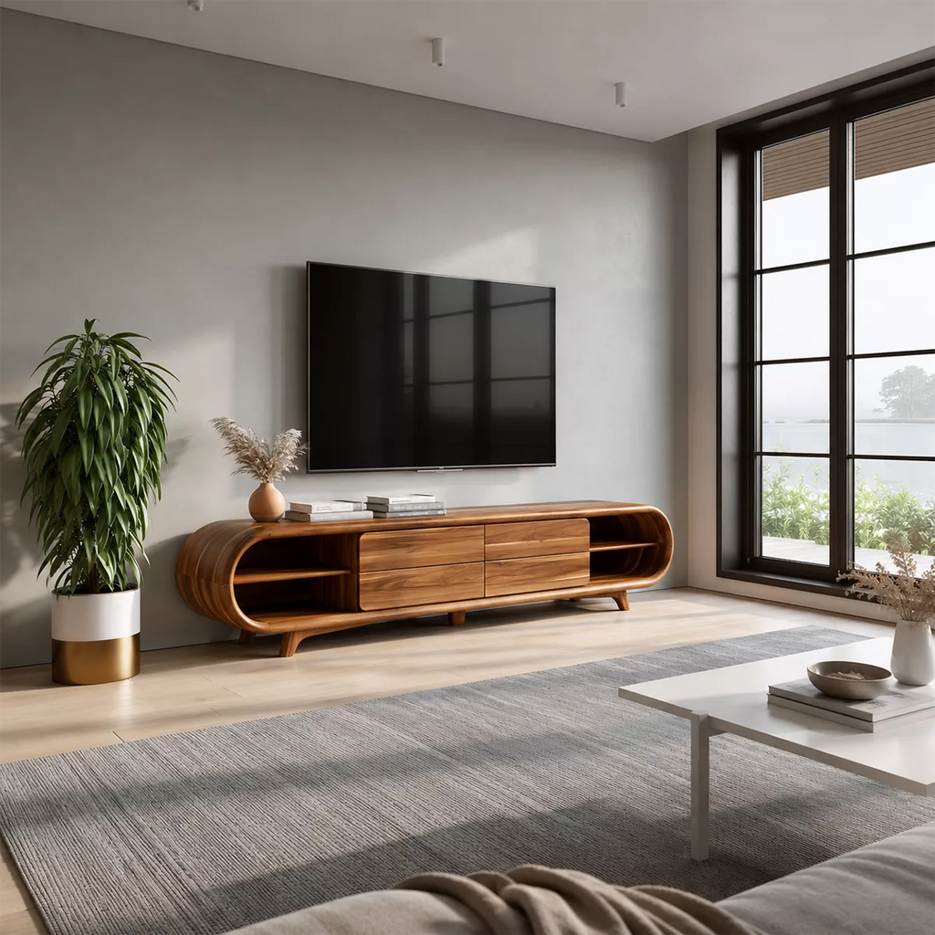 Sculptural Solid Wood TV Stand With Rounded Loop Frame, Open Side Shelves And Multi Drawer Storage For Living Room