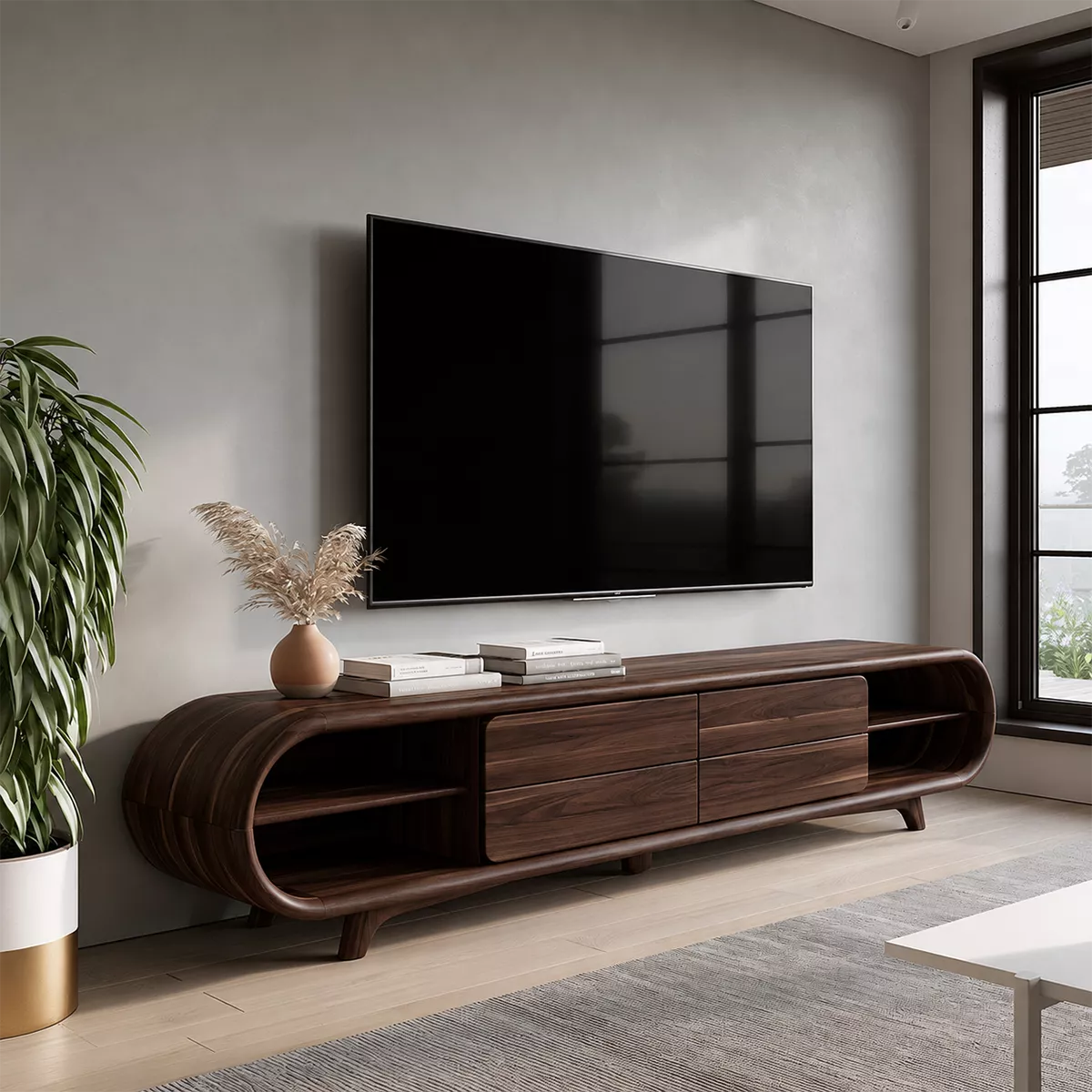 Sculptural Solid Wood TV Stand With Rounded Loop Frame, Open Side Shelves And Multi Drawer Storage For Living Room