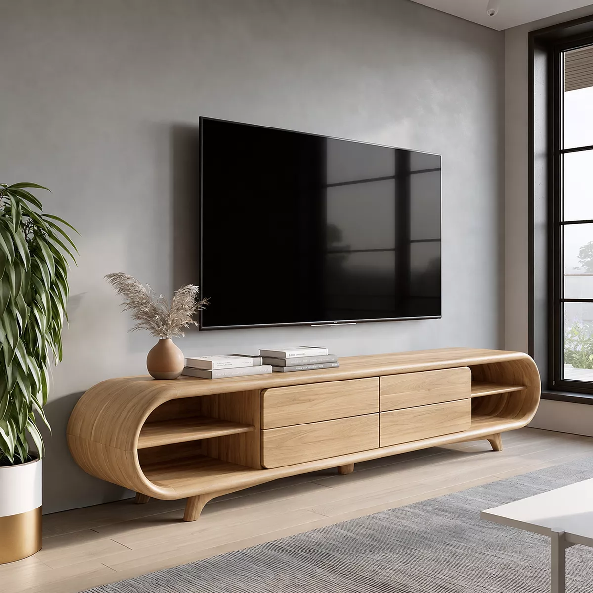 Sculptural Solid Wood TV Stand With Rounded Loop Frame, Open Side Shelves And Multi Drawer Storage For Living Room