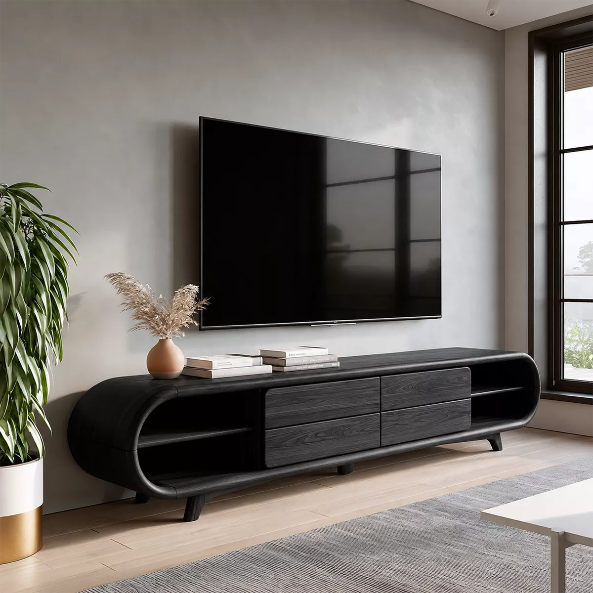 Sculptural Solid Wood TV Stand With Rounded Loop Frame, Open Side Shelves And Multi Drawer Storage For Living Room