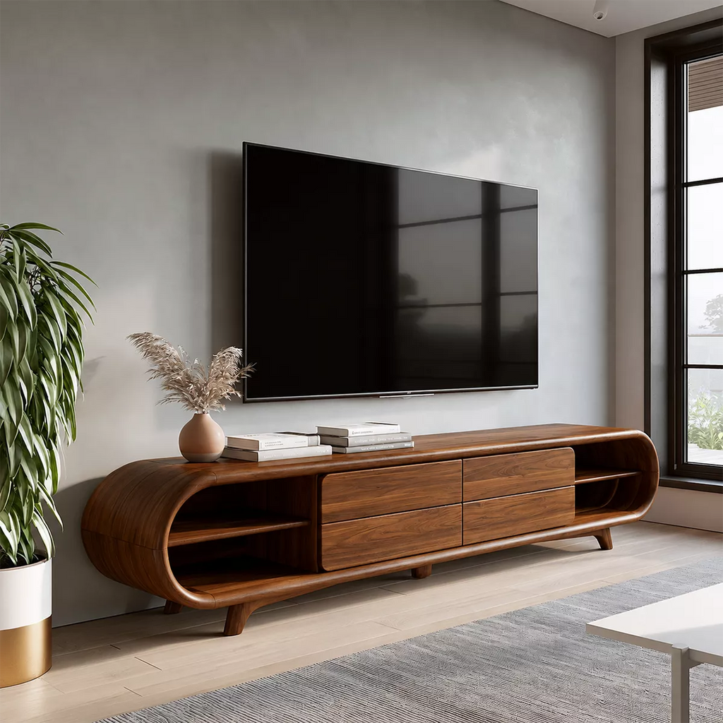 Sculptural Solid Wood TV Stand With Rounded Loop Frame, Open Side Shelves And Multi Drawer Storage For Living Room