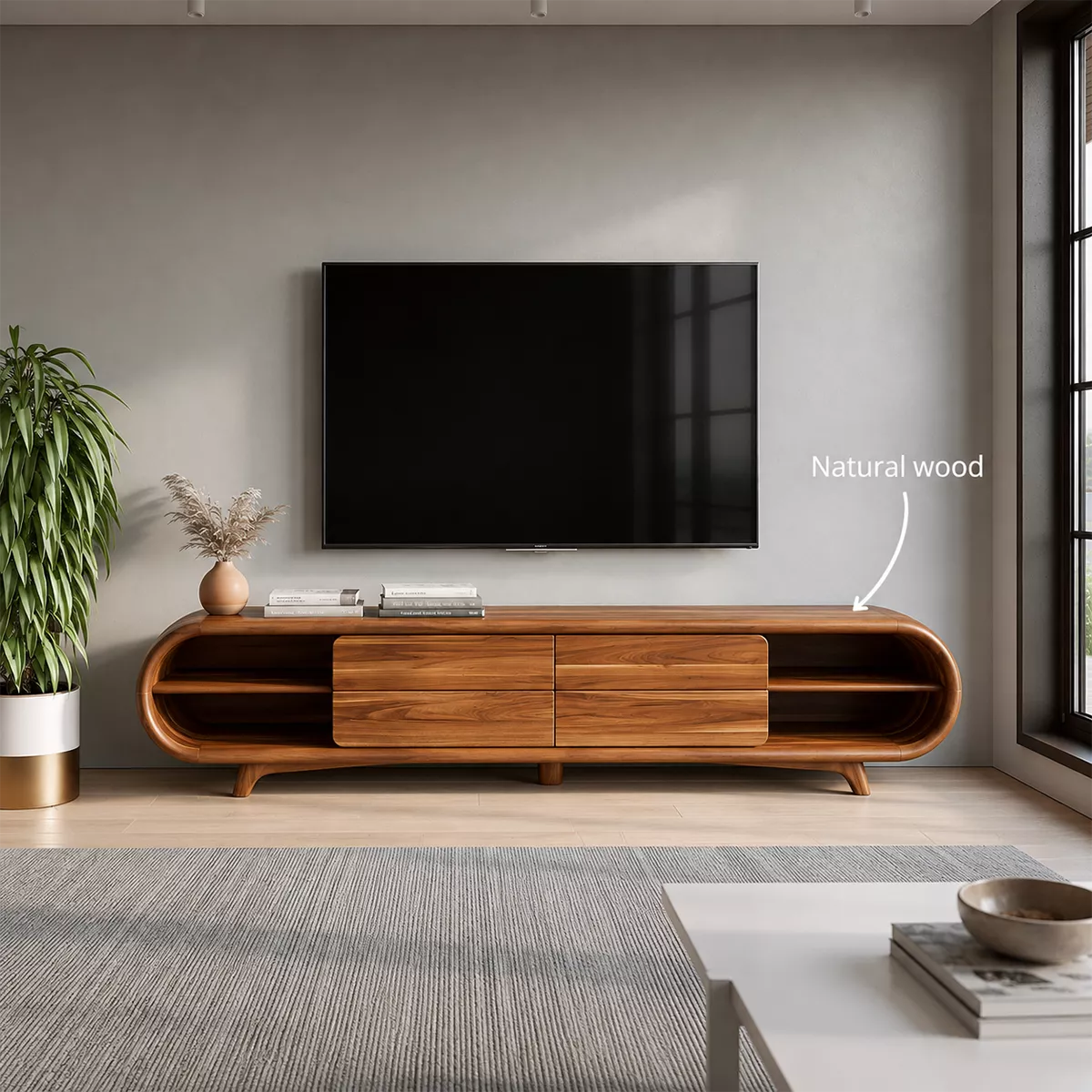 Sculptural Solid Wood TV Stand With Rounded Loop Frame, Open Side Shelves And Multi Drawer Storage For Living Room