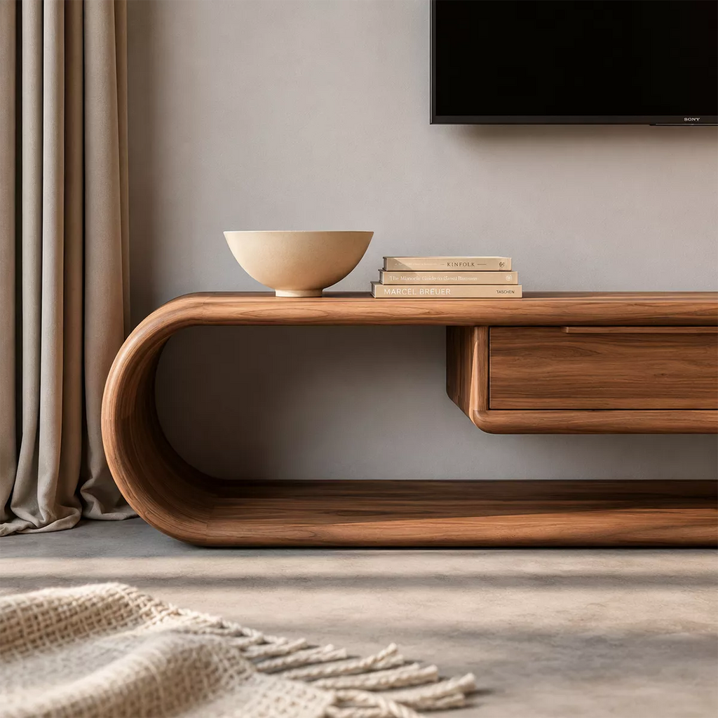 Asymmetrical Sculptural Solid Wood TV Stand With Curved Loop Frame, Open Storage And Drawers For Living Room