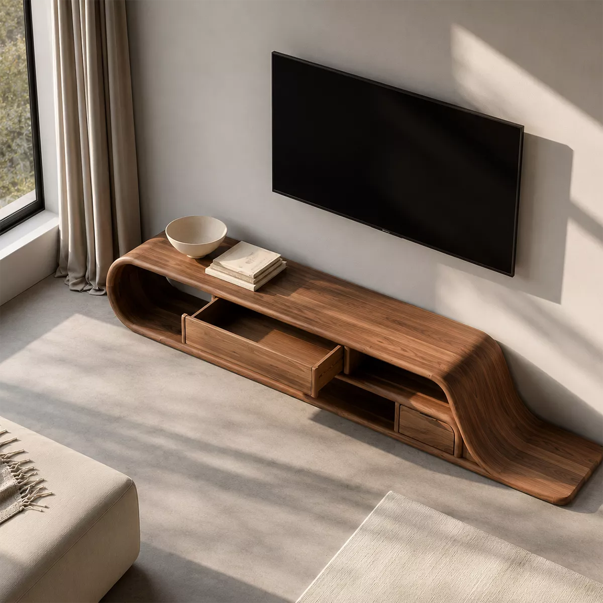 Asymmetrical Sculptural Solid Wood TV Stand With Curved Loop Frame, Open Storage And Drawers For Living Room