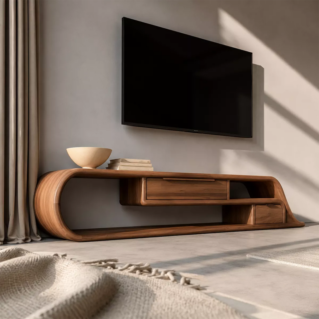 Asymmetrical Sculptural Solid Wood TV Stand With Curved Loop Frame, Open Storage And Drawers For Living Room