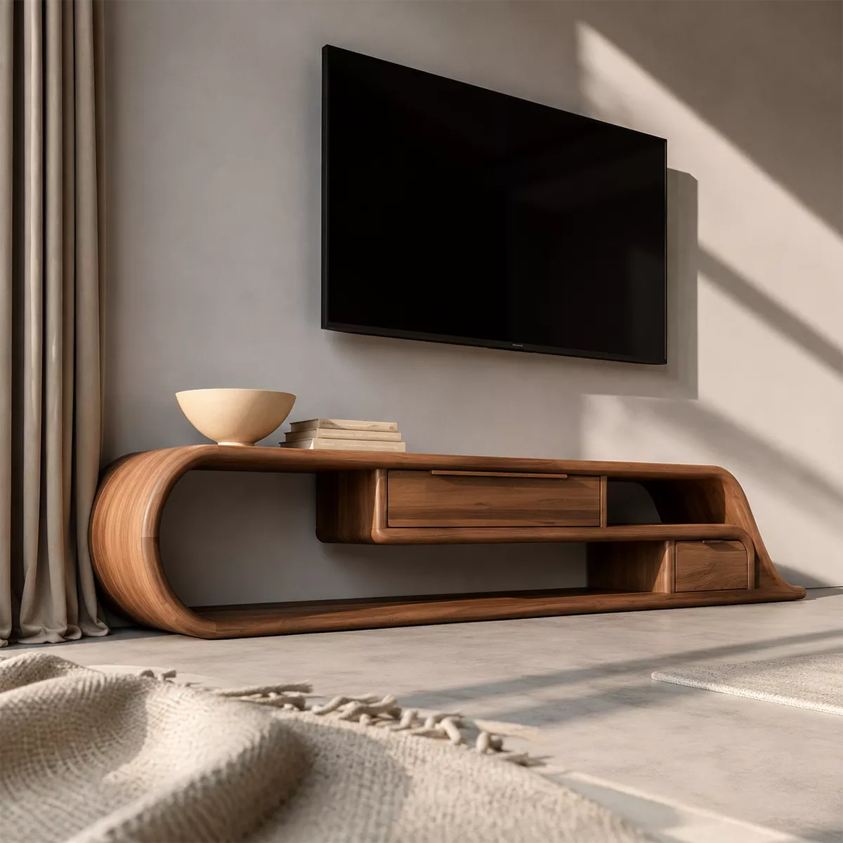 Asymmetrical Sculptural Solid Wood TV Stand With Curved Loop Frame, Open Storage And Drawers For Living Room