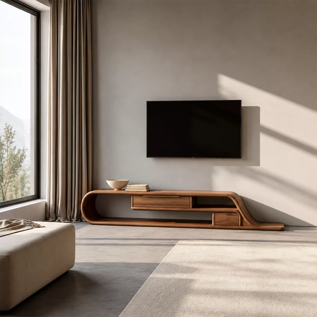 Asymmetrical Sculptural Solid Wood TV Stand With Curved Loop Frame, Open Storage And Drawers For Living Room
