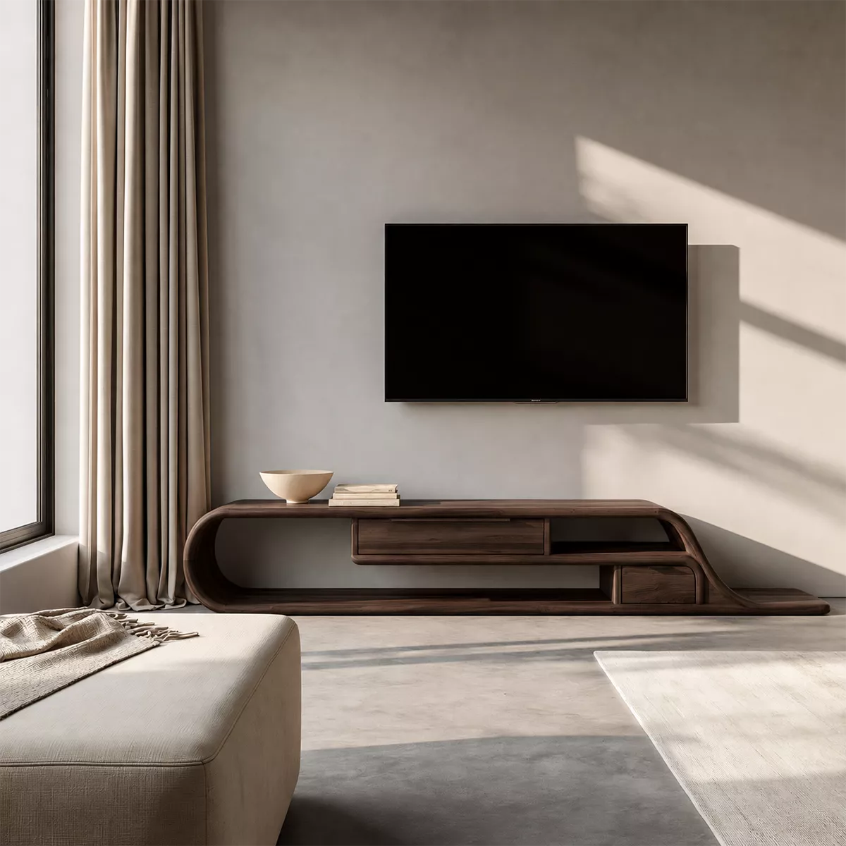 Asymmetrical Sculptural Solid Wood TV Stand With Curved Loop Frame, Open Storage And Drawers For Living Room