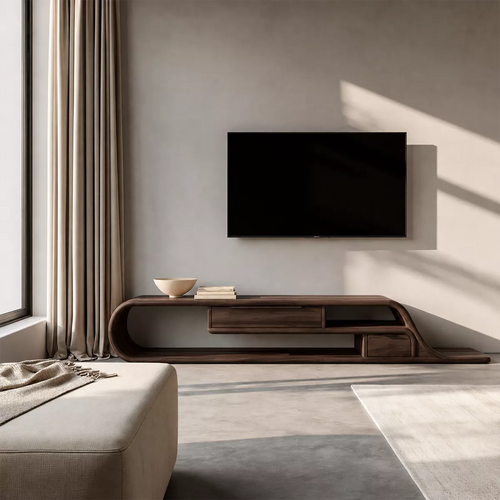 Asymmetrical Sculptural Solid Wood TV Stand With Curved Loop Frame, Open Storage And Drawers For Living Room