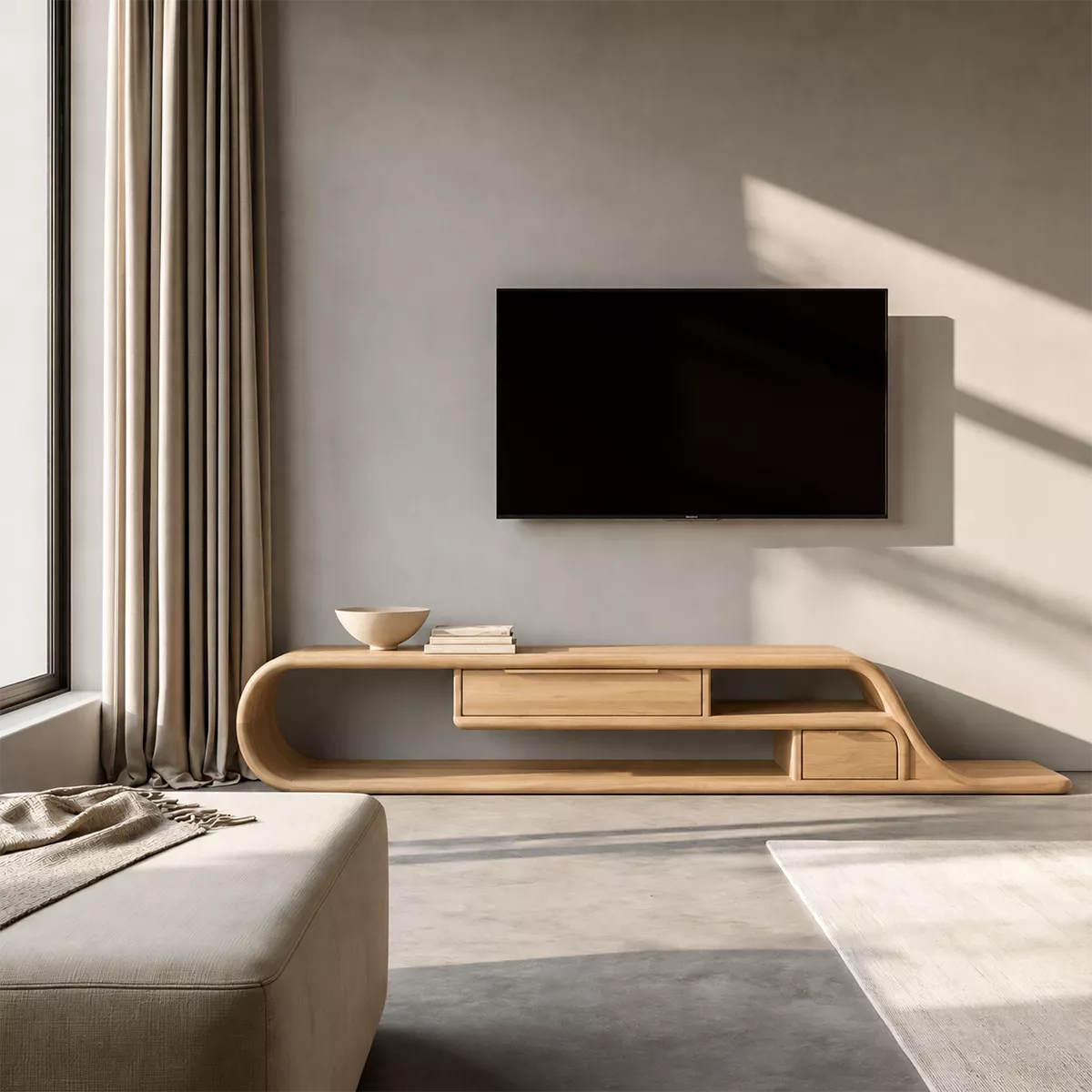 Asymmetrical Sculptural Solid Wood TV Stand With Curved Loop Frame, Open Storage And Drawers For Living Room