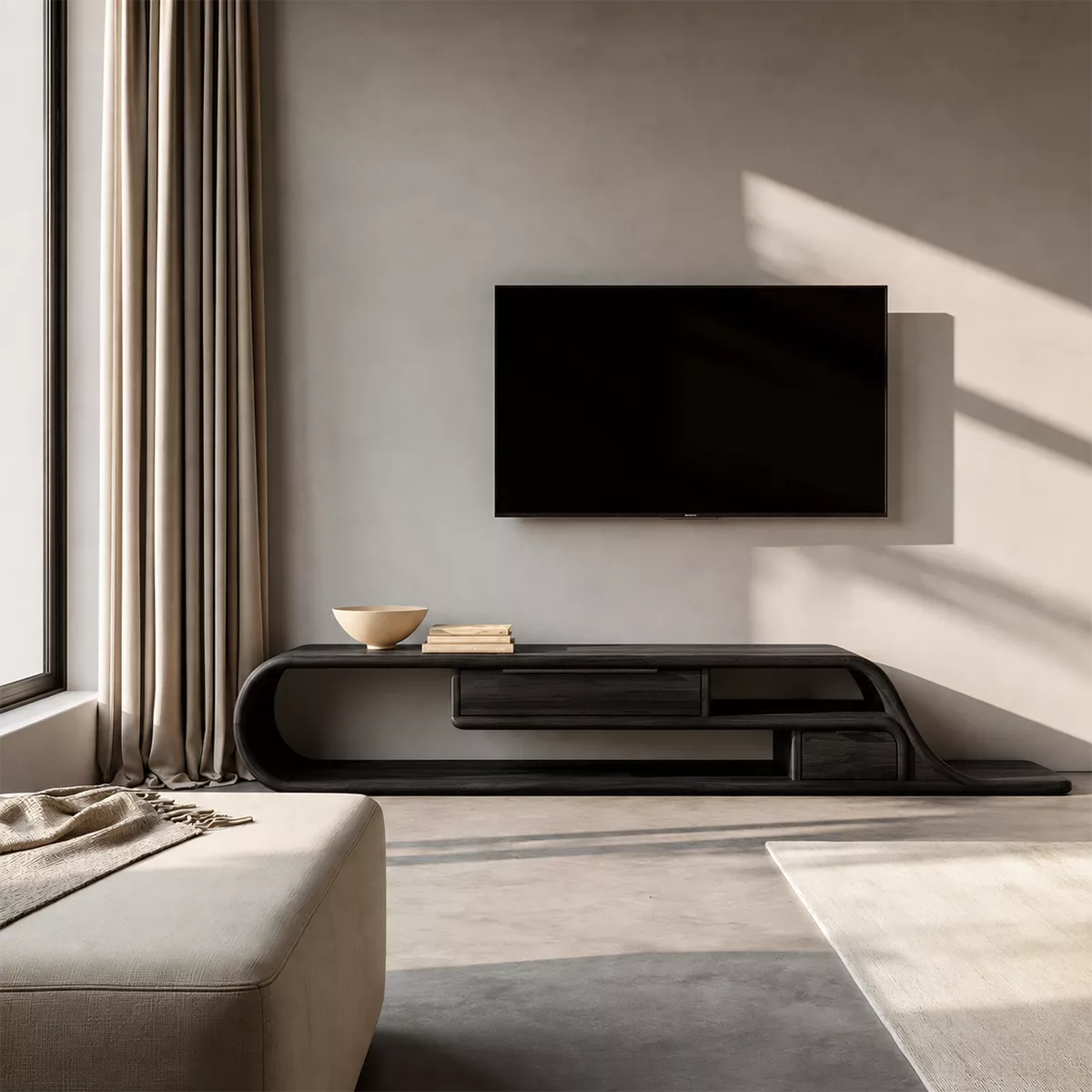 Asymmetrical Sculptural Solid Wood TV Stand With Curved Loop Frame, Open Storage And Drawers For Living Room