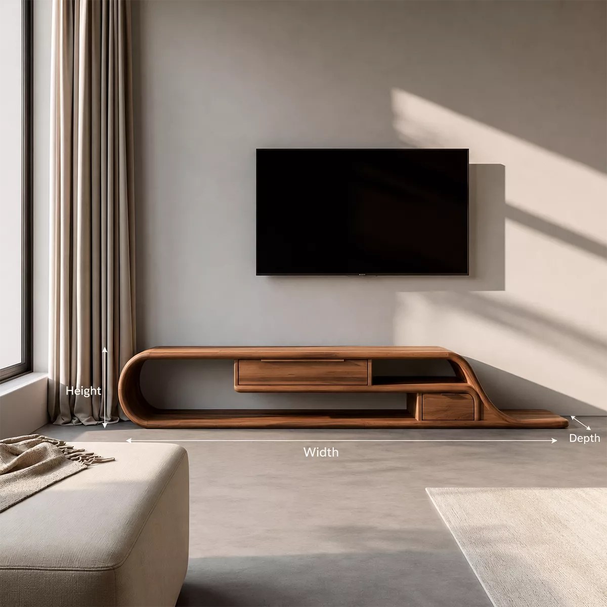 Asymmetrical Sculptural Solid Wood TV Stand With Curved Loop Frame, Open Storage And Drawers For Living Room