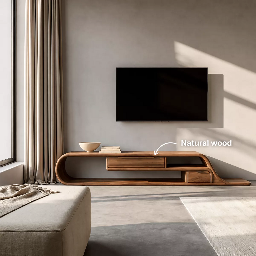 Asymmetrical Sculptural Solid Wood TV Stand With Curved Loop Frame, Open Storage And Drawers For Living Room