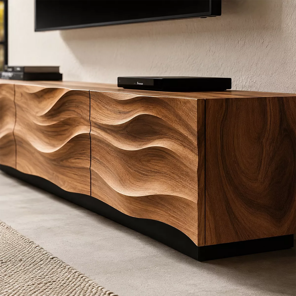 Carved Wave Solid Wood TV Stand With Sculptural Front And Natural Wood Grain For Living Room