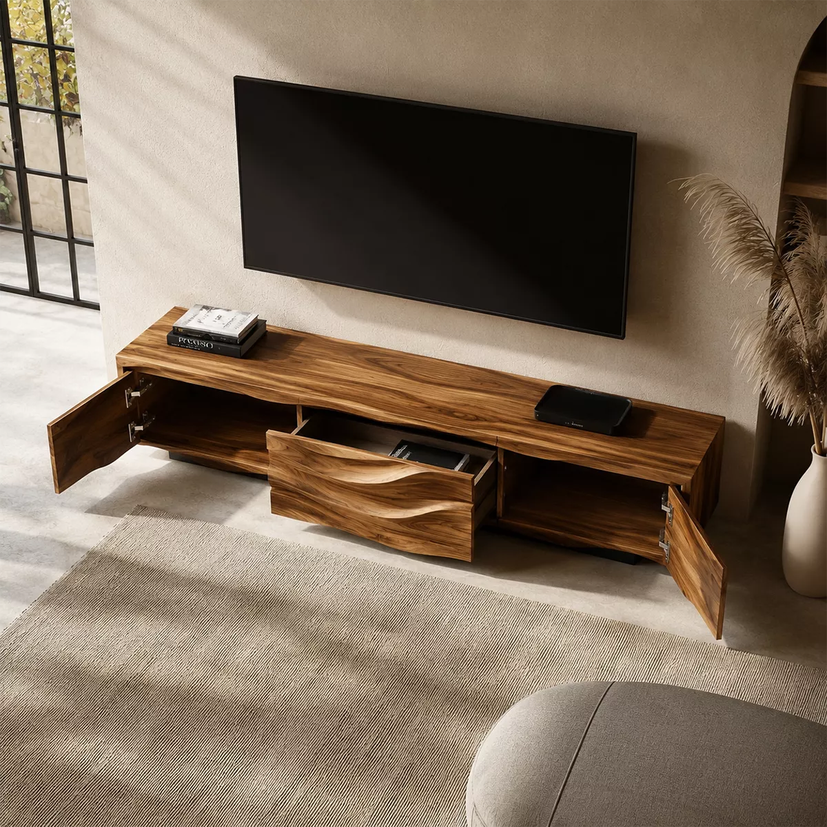 Carved Wave Solid Wood TV Stand With Sculptural Front And Natural Wood Grain For Living Room