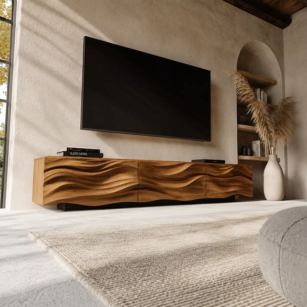 Carved Wave Solid Wood TV Stand With Sculptural Front And Natural Wood Grain For Living Room