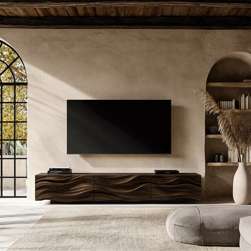 Carved Wave Solid Wood TV Stand With Sculptural Front And Natural Wood Grain For Living Room