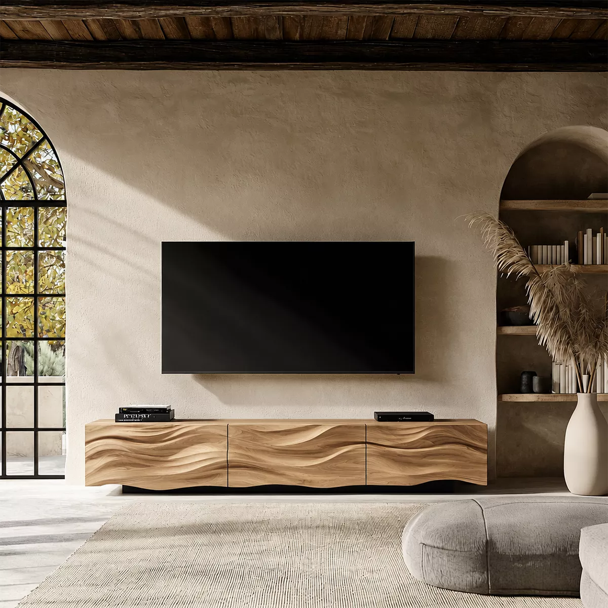 Carved Wave Solid Wood TV Stand With Sculptural Front And Natural Wood Grain For Living Room
