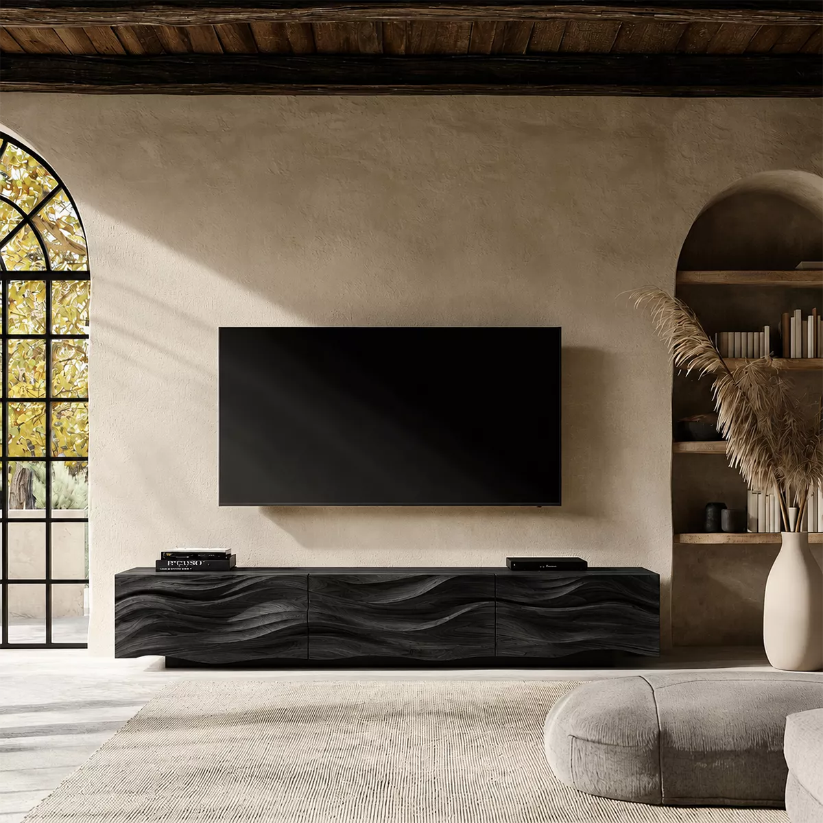 Carved Wave Solid Wood TV Stand With Sculptural Front And Natural Wood Grain For Living Room