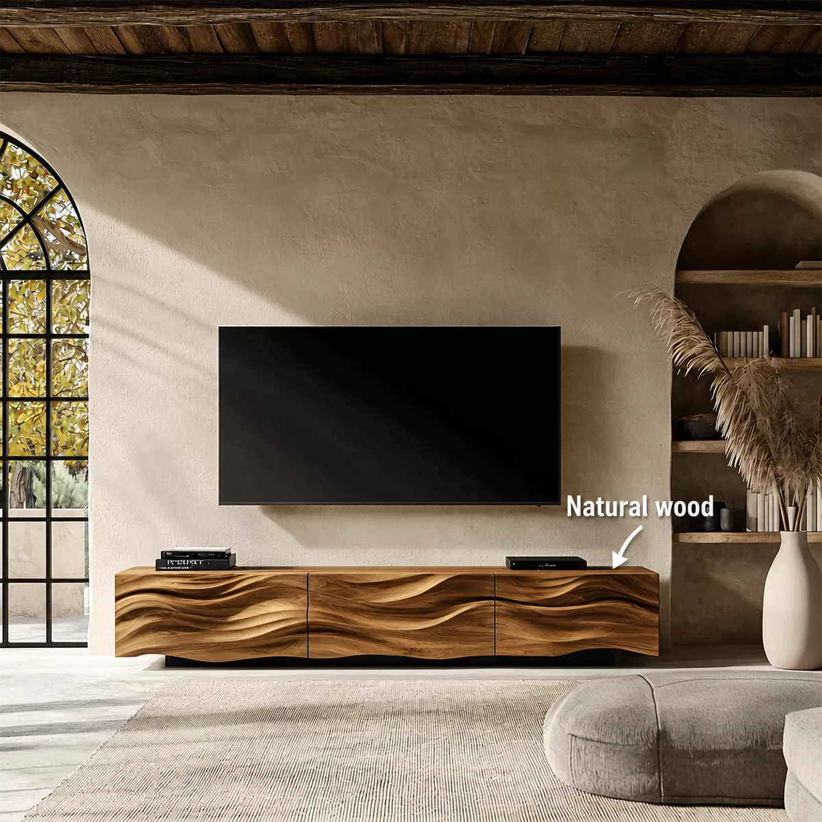 Carved Wave Solid Wood TV Stand With Sculptural Front And Natural Wood Grain For Living Room