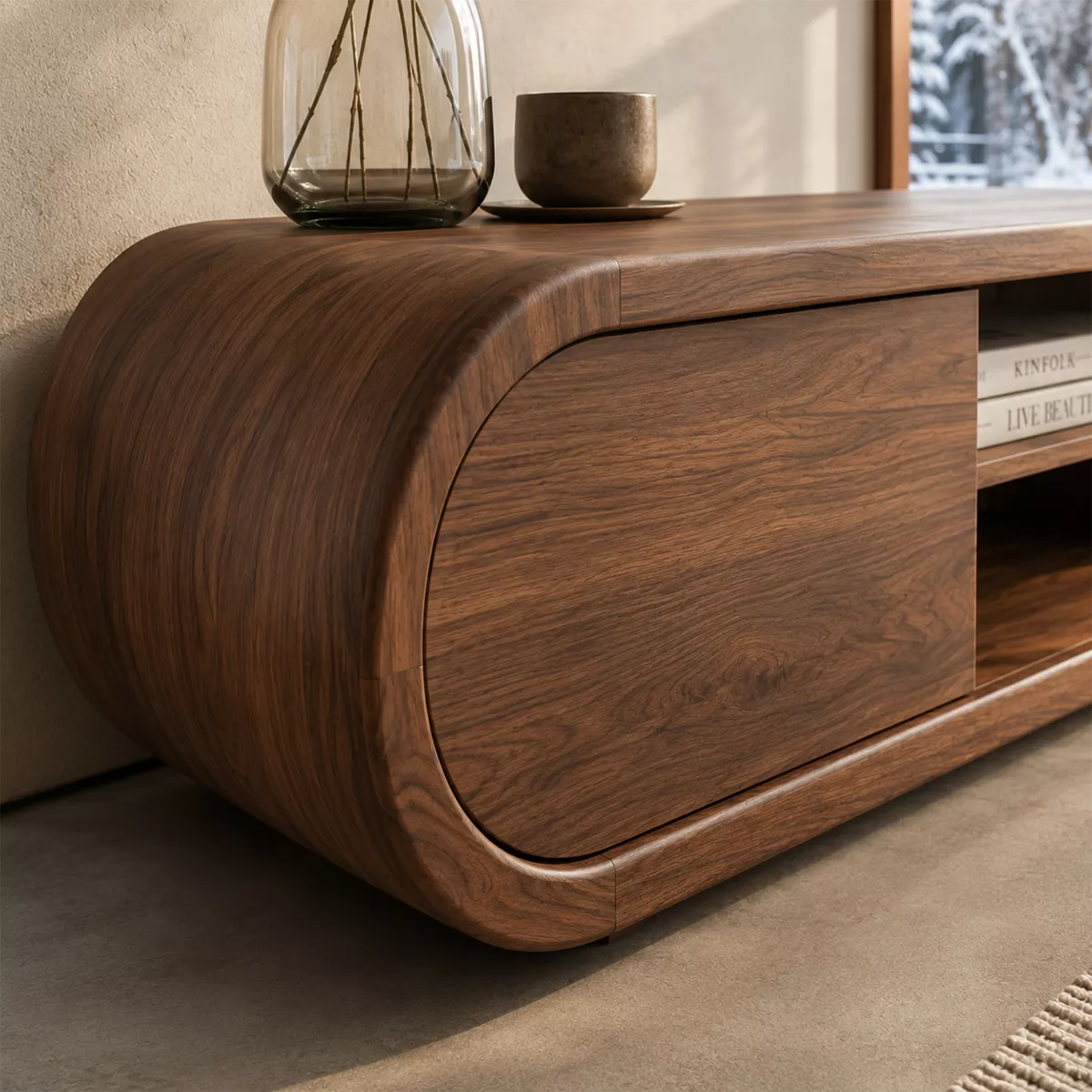 Rounded Solid Wood TV Stand With Center Open Shelf And Hidden Side Storage For Living Room