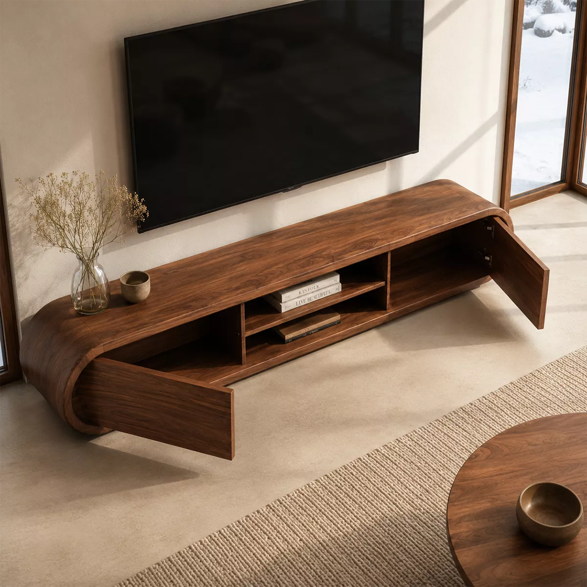 Rounded Solid Wood TV Stand With Center Open Shelf And Hidden Side Storage For Living Room