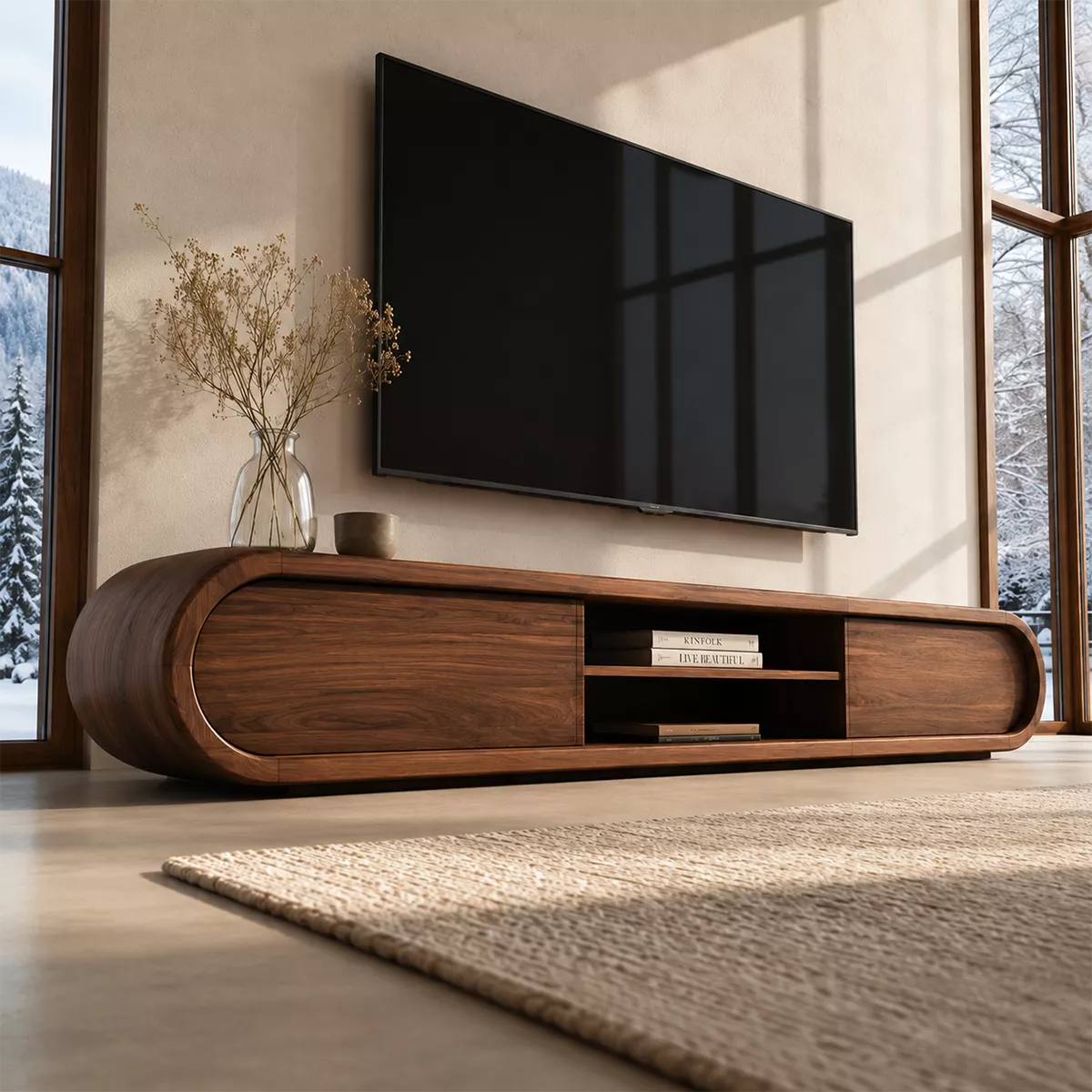 Rounded Solid Wood TV Stand With Center Open Shelf And Hidden Side Storage For Living Room