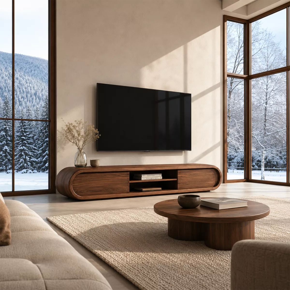 Rounded Solid Wood TV Stand With Center Open Shelf And Hidden Side Storage For Living Room