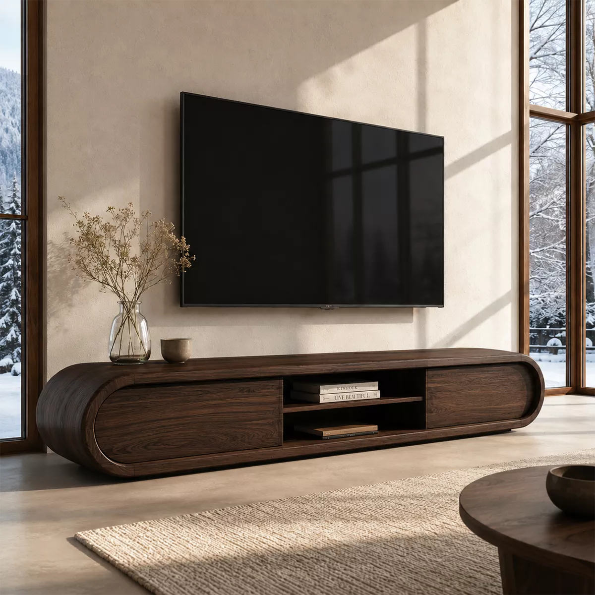 Rounded Solid Wood TV Stand With Center Open Shelf And Hidden Side Storage For Living Room