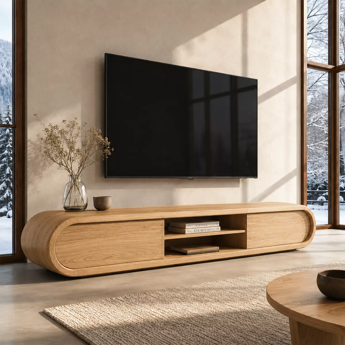 Rounded Solid Wood TV Stand With Center Open Shelf And Hidden Side Storage For Living Room