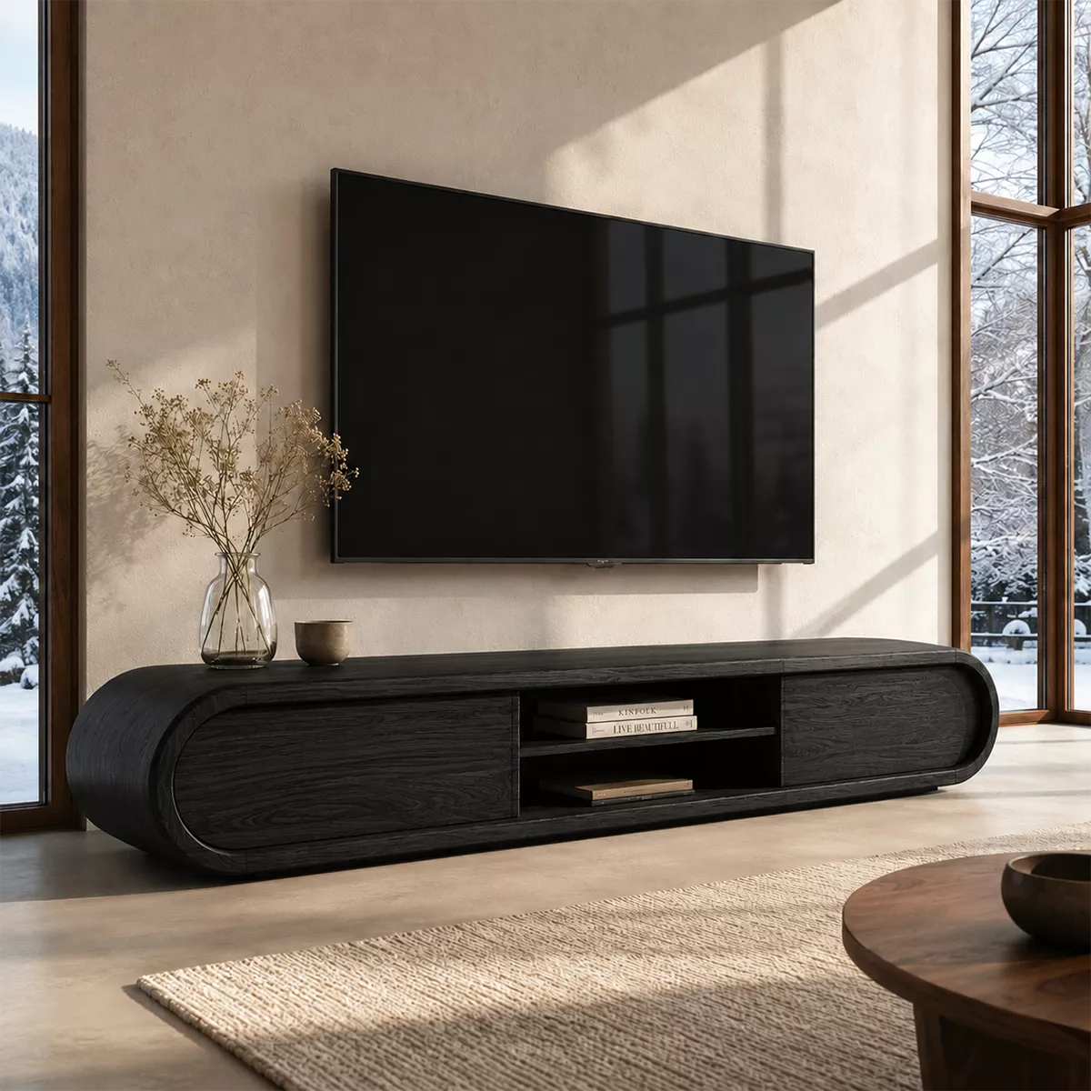 Rounded Solid Wood TV Stand With Center Open Shelf And Hidden Side Storage For Living Room