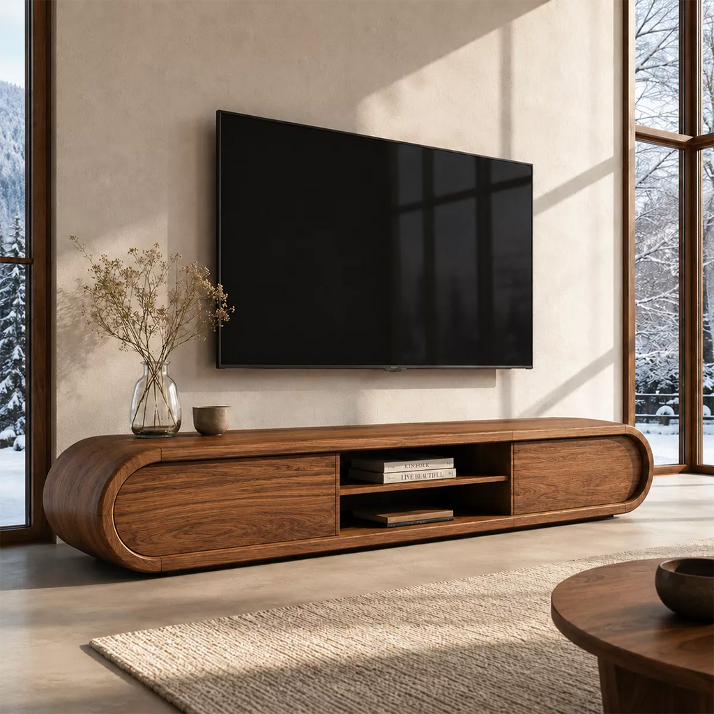 Rounded Solid Wood TV Stand With Center Open Shelf And Hidden Side Storage For Living Room