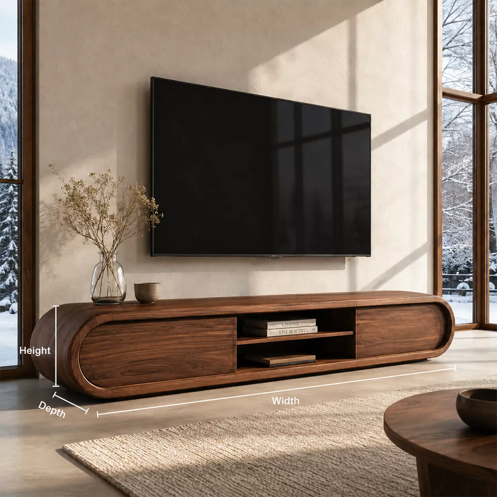 Rounded Solid Wood TV Stand With Center Open Shelf And Hidden Side Storage For Living Room
