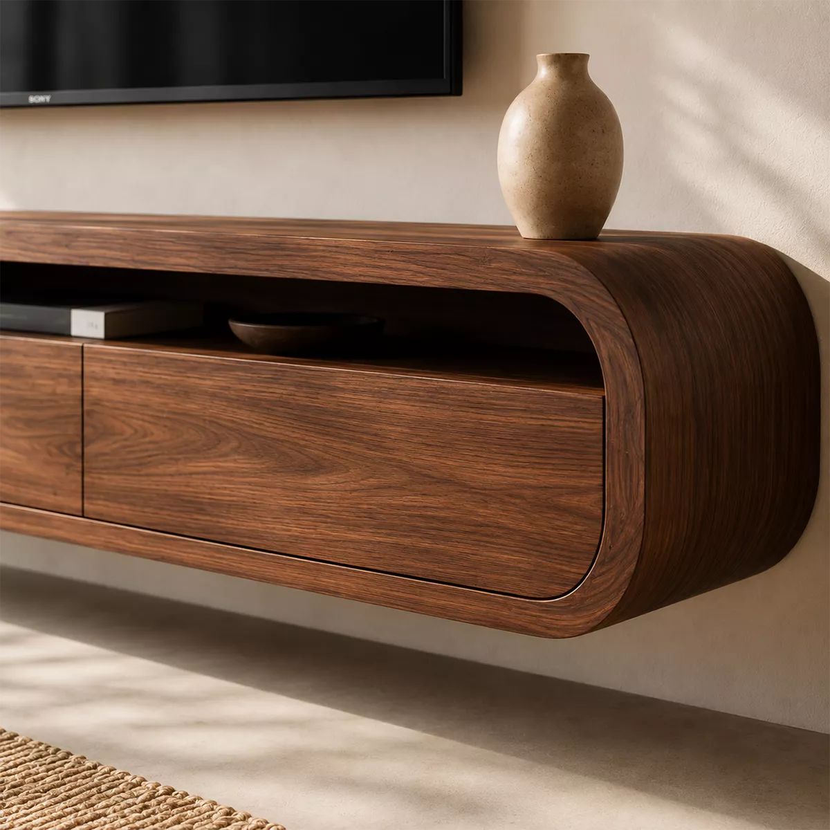 Floating Rounded Solid Wood TV Stand With Open Media Shelf And Hidden Drawer Storage For Living Room