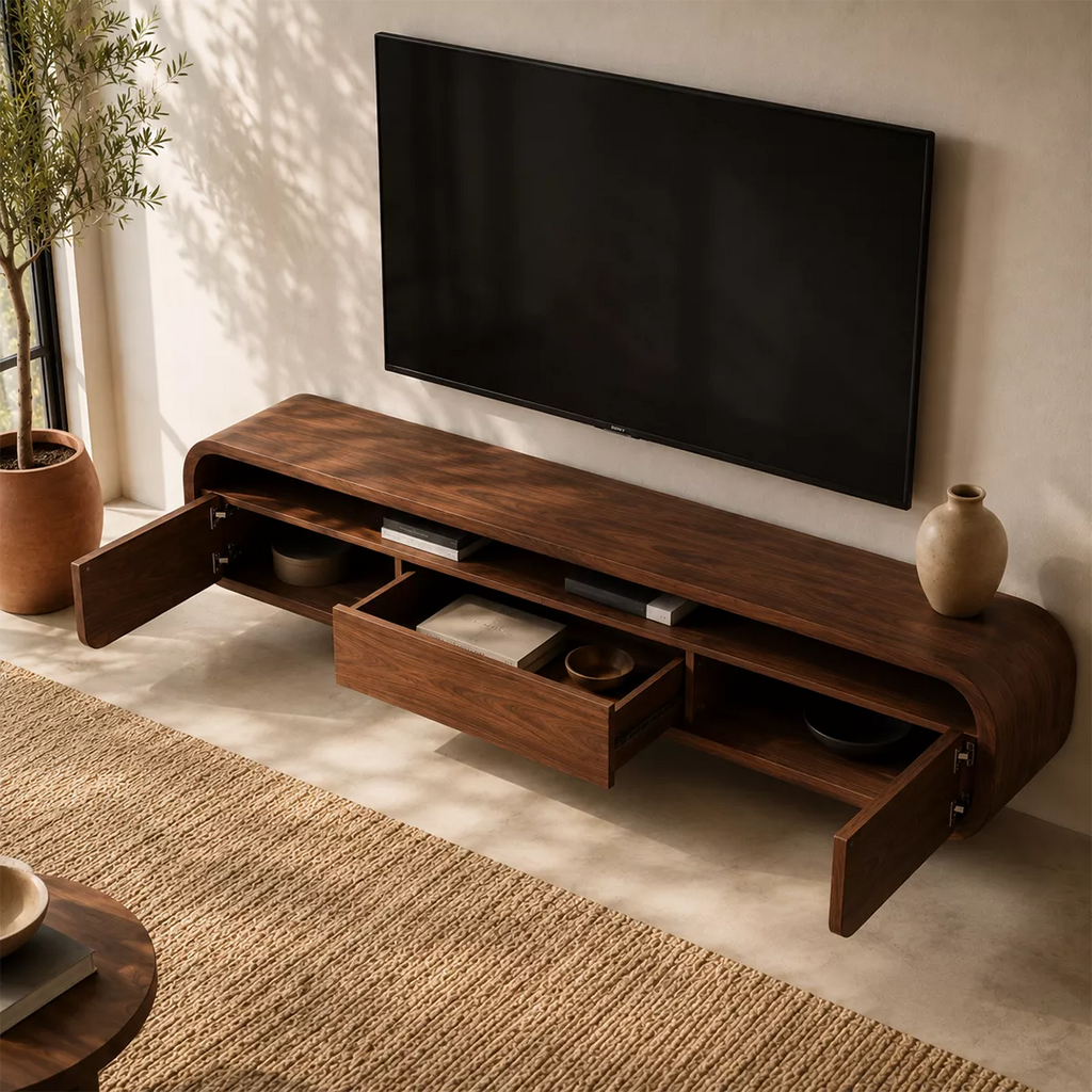 Floating Rounded Solid Wood TV Stand With Open Media Shelf And Hidden Drawer Storage For Living Room