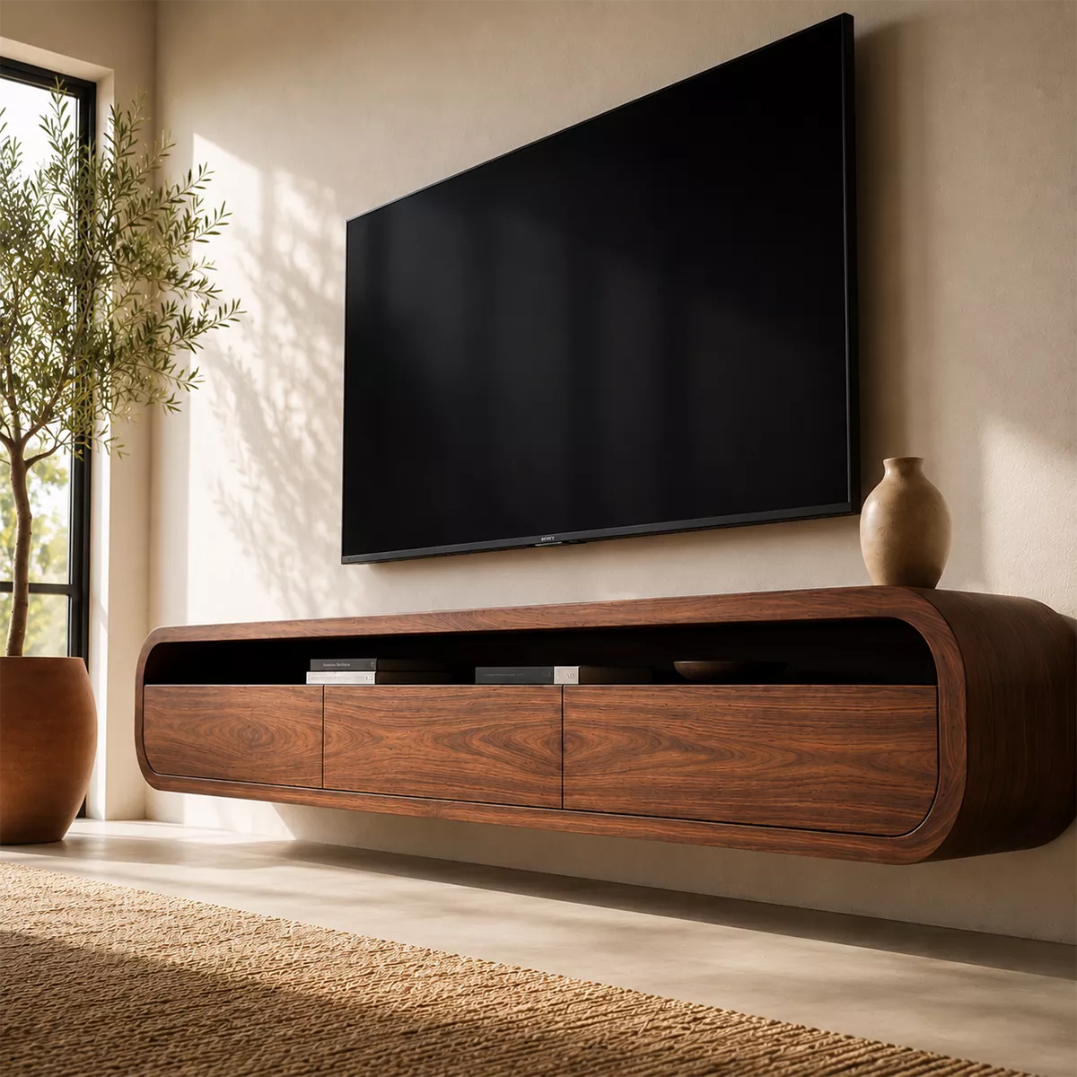 Floating Rounded Solid Wood TV Stand With Open Media Shelf And Hidden Drawer Storage For Living Room