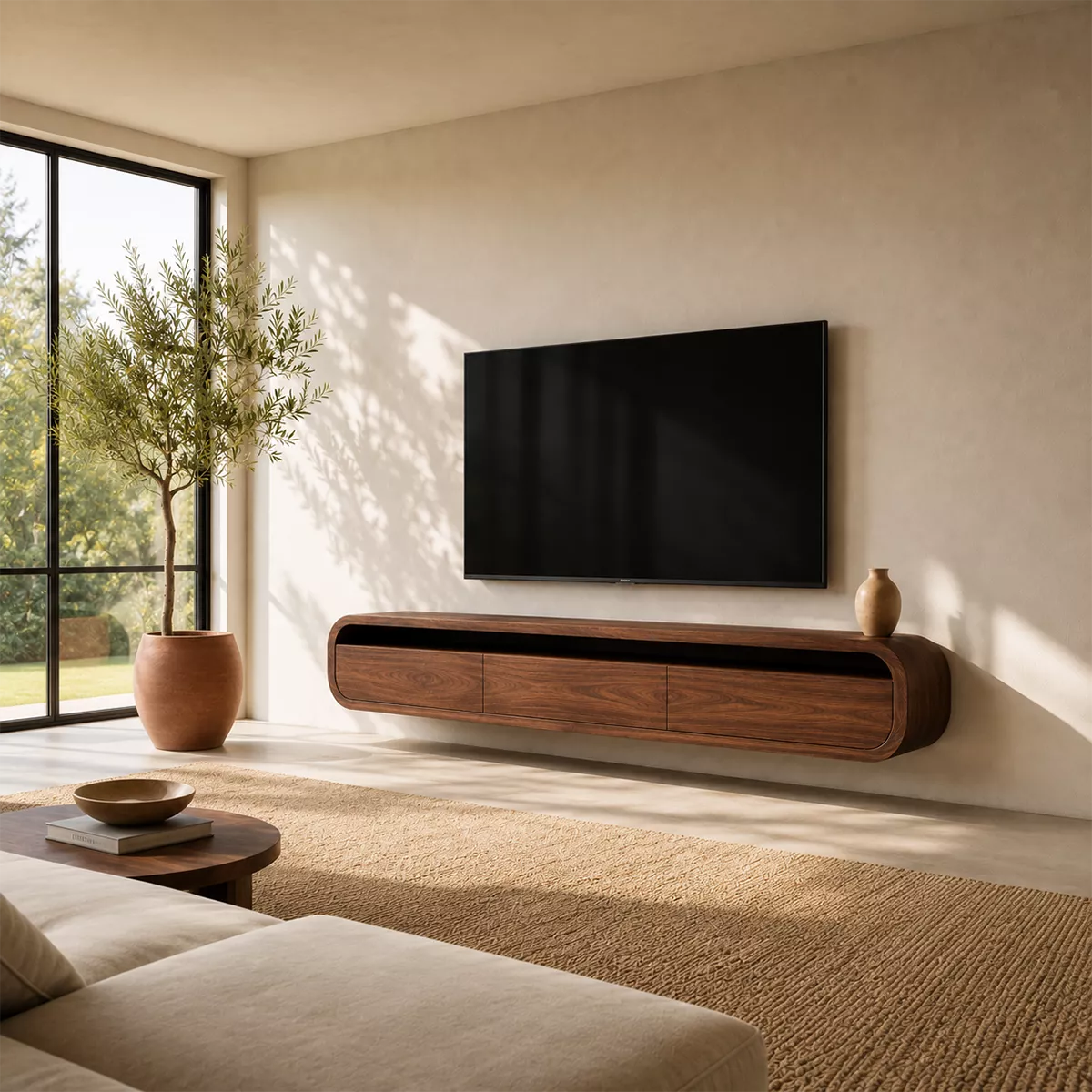 Floating Rounded Solid Wood TV Stand With Open Media Shelf And Hidden Drawer Storage For Living Room