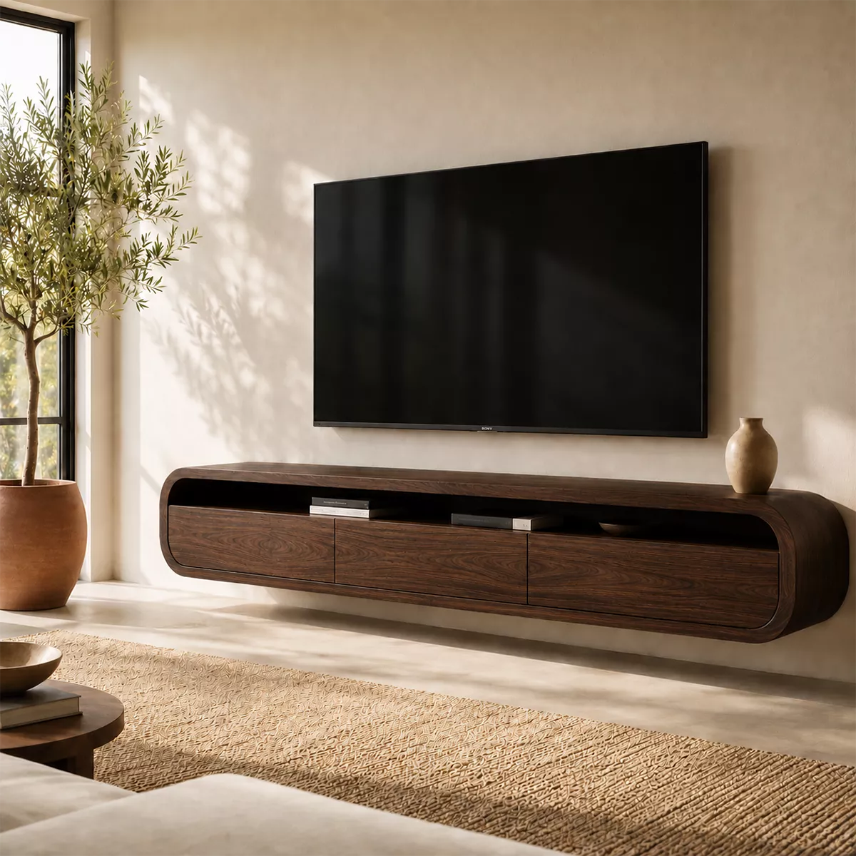 Floating Rounded Solid Wood TV Stand With Open Media Shelf And Hidden Drawer Storage For Living Room