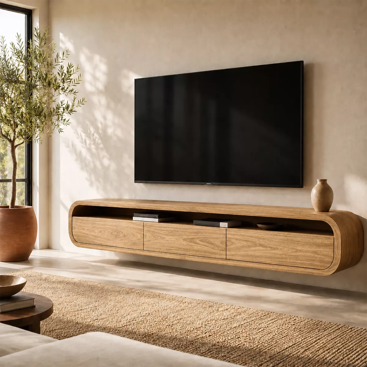 Floating Rounded Solid Wood TV Stand With Open Media Shelf And Hidden Drawer Storage For Living Room