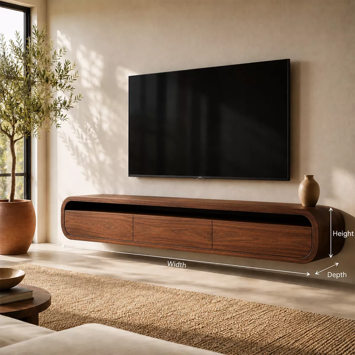 Floating Rounded Solid Wood TV Stand With Open Media Shelf And Hidden Drawer Storage For Living Room