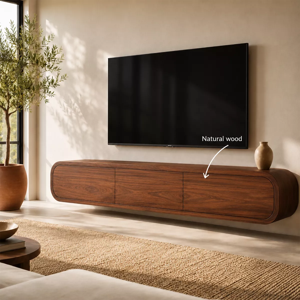 Floating Rounded Solid Wood TV Stand With Open Media Shelf And Hidden Drawer Storage For Living Room