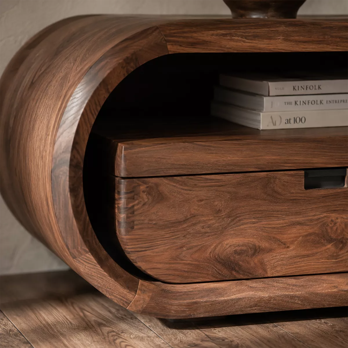 Japandi Solid Wood TV Stand With Rounded Loop Frame, Open Media Shelf And Drawer Storage For Living Room