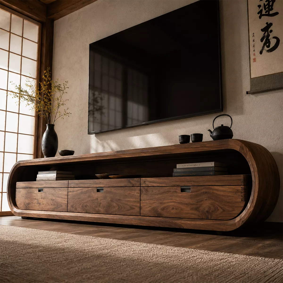 Japandi Solid Wood TV Stand With Rounded Loop Frame, Open Media Shelf And Drawer Storage For Living Room