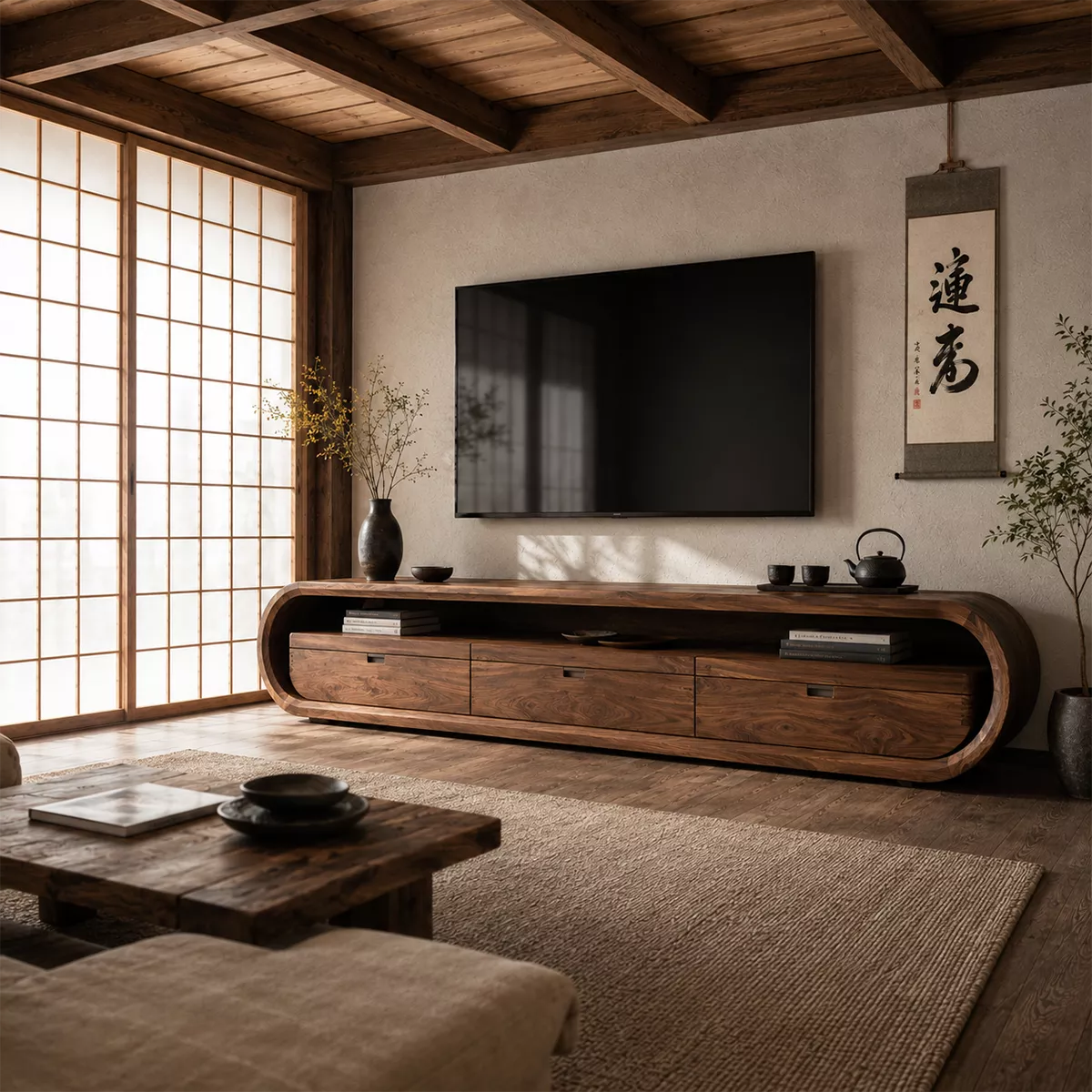 Japandi Solid Wood TV Stand With Rounded Loop Frame, Open Media Shelf And Drawer Storage For Living Room