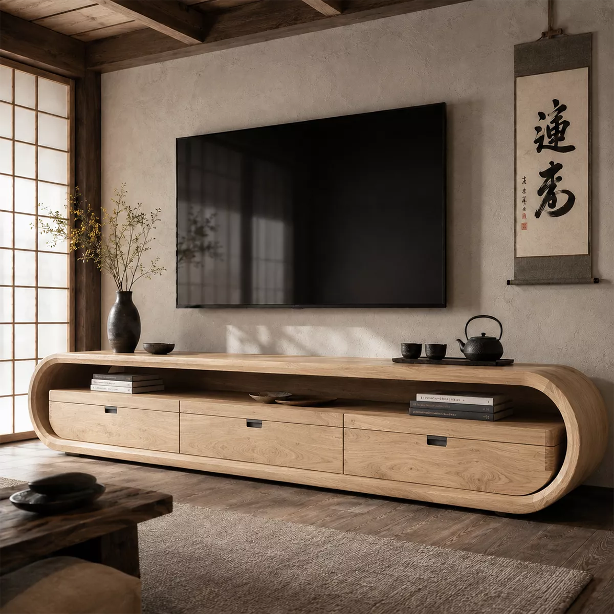 Japandi Solid Wood TV Stand With Rounded Loop Frame, Open Media Shelf And Drawer Storage For Living Room